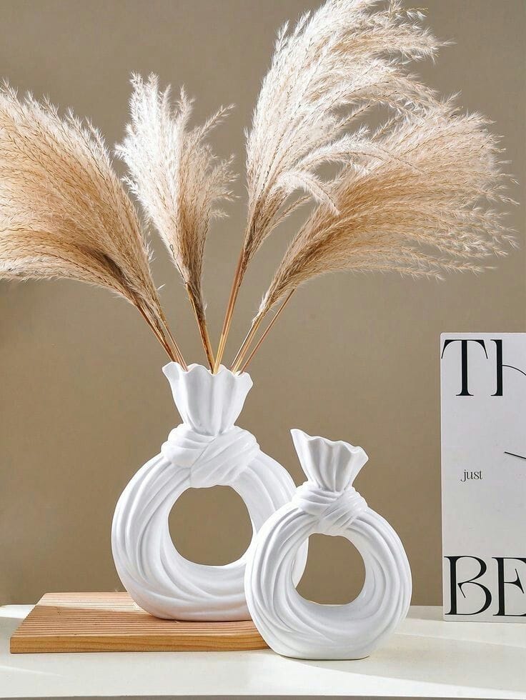 Draped Ribbon Knot Ceramic Centerpiece with Pampas